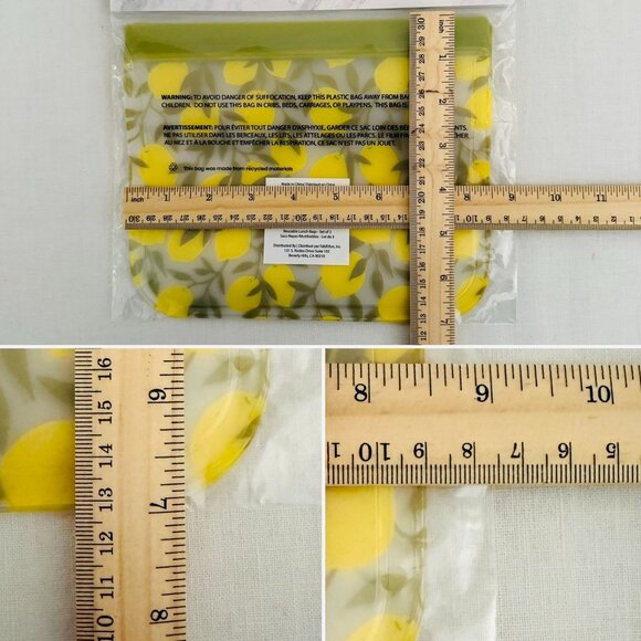 Reusable Lunch Sandwich Bags Set Of 3 Lemon Print BPA Free Dishwasher Safe 8x7in - Picture 7 of 9
